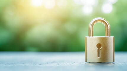 Fototapeta premium Secure Gold Padlock on Wooden Table Green Nature Background