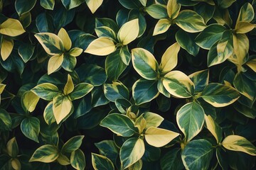 Fototapeta premium Lush green leaves with yellow accents creating a vibrant pattern.