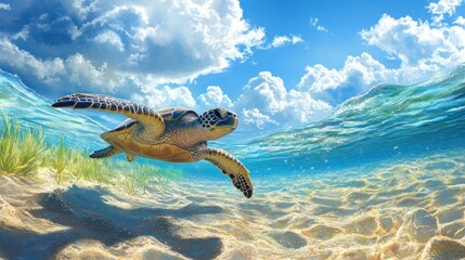 Obraz premium A serene underwater scene featuring a turtle swimming gracefully through clear waters.