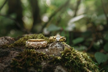 Obraz premium Wedding Bands on a Moss Covered Rock.
