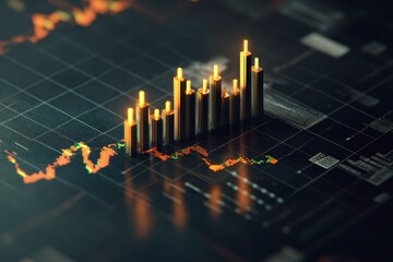 Modern Financial Chart with Rising Stock Market Data Visualization Featuring Candle Stick Graphs and Bright Data Points for Economic Growth Analysis