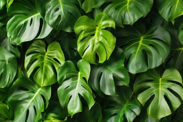 Obraz premium Lush green Monstera leaves creating a vibrant backdrop.
