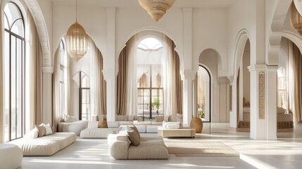 Luxurious Moroccan-style interior design with arches, sunlight, and neutral tones.