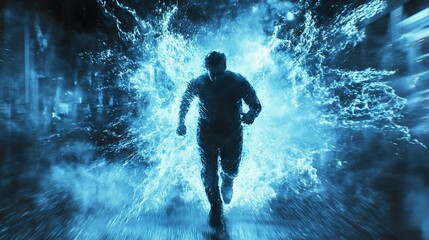 Fototapeta premium Man Running Through Water: A Dynamic and Powerful Image
