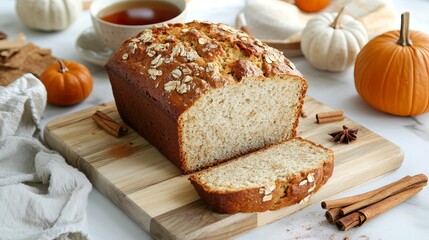 Naklejka premium Pumpkin Bread with Spices and Seasonal Decor Holiday Baking & Comfort Foods, Winter season, Happy New Year, Happy Christmas 