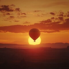 Obraz premium a hot air balloon hovering over the fairy chimneys of Cappadocia. The setting sun paints the sky in rich colors