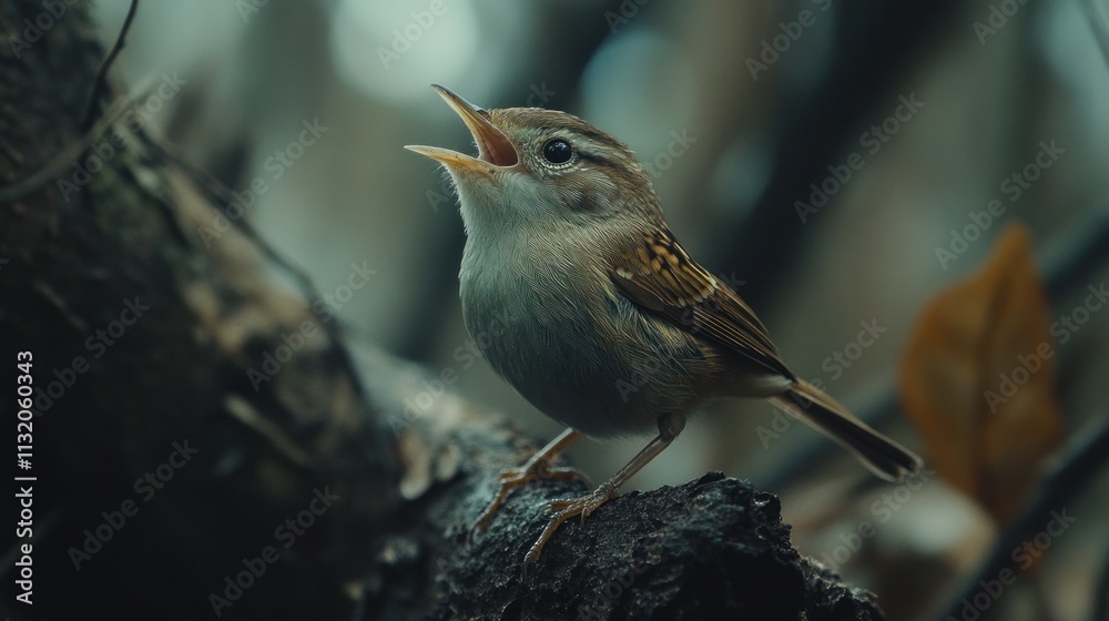 Poster a small bird perched on a branch, singing in a natural setting.
