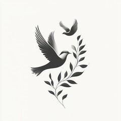 Fototapeta premium Two graceful birds in flight with leaves.