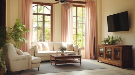 Fototapeta premium Bright living room with sofa, armchair, and large windows.