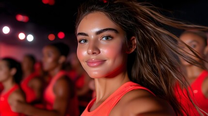 Naklejka premium Energetic woman smiling during a group fitness class in a vibrant gym environment, wearing a bright red sports outfit, embodying health and positivity