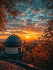 Obraz premium a city observatory overlooking an urban landscape, surrounded by autumnal hues of rust, amber, and scarlet under a golden sunset