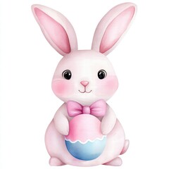 Obraz premium Cute cartoon bunny holding a colorful Easter egg, perfect for springtime celebrations and festive events.
