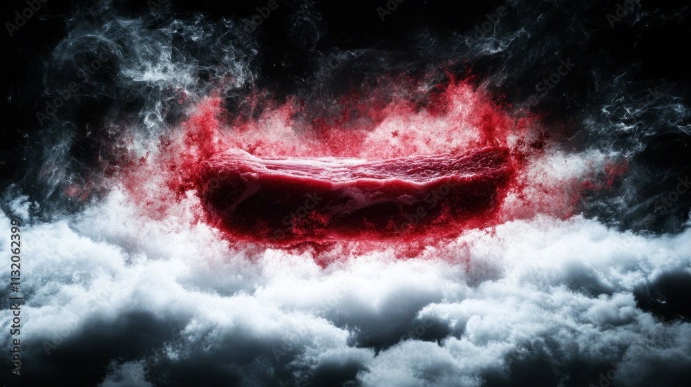 Aufkleber a surreal depiction of a glowing red object amidst dark clouds and mist.