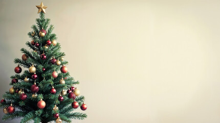 Festive Traditional Christmas Tree with Sparkling Ornaments on Warm Beige Holiday Background