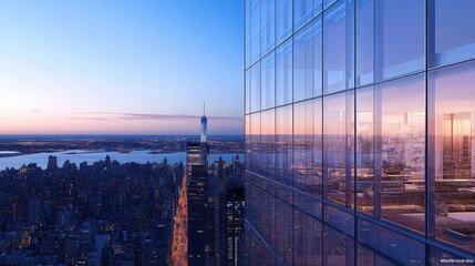 Obraz premium Modern glass tower reflecting the vibrant cityscape of its surroundings