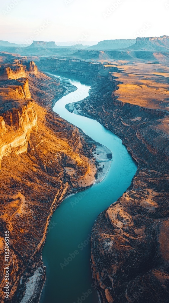 Poster a breathtaking view reveals a deep canyon with a meandering river, illuminated by the warm glow of t