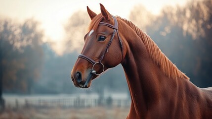 Fototapeta premium A chestnut horse with a bridle on, looking towards the left with a forest and fog in the background.