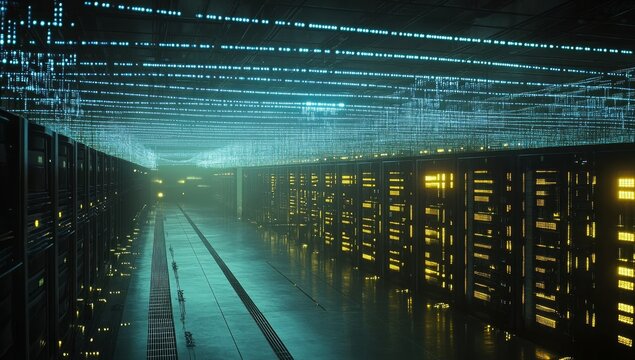 Futuristic server room with data streams.