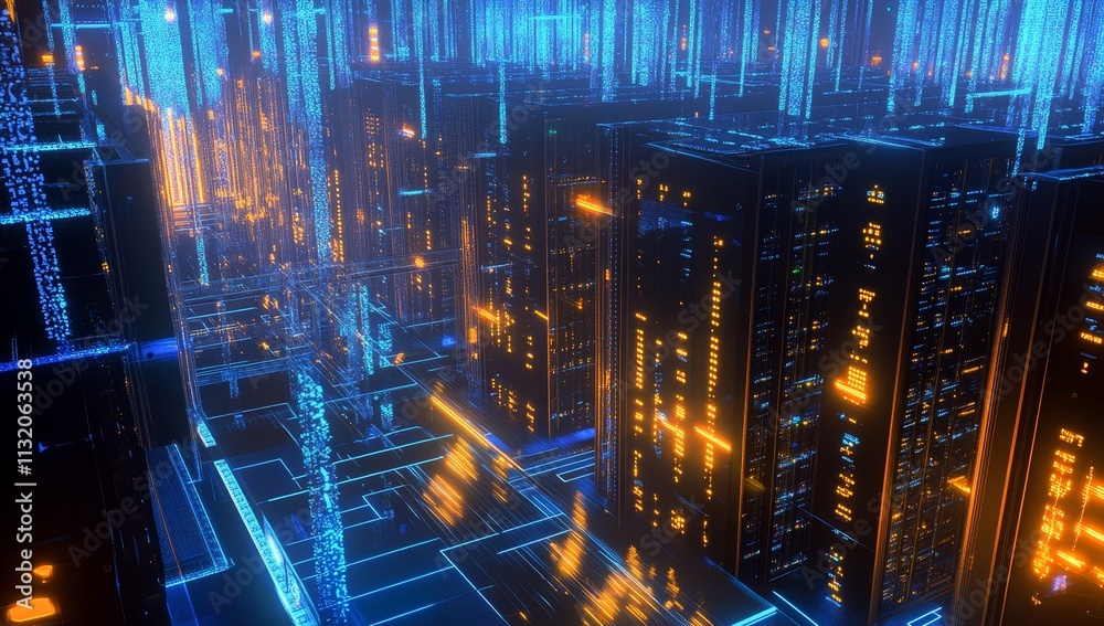 Poster Futuristic cityscape with glowing digital data streams and skyscrapers.