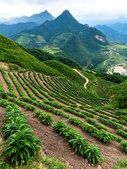 Naklejka premium A clean white-style image of A minimalist design of a coffee plantation tour. 