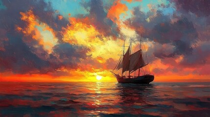 Obraz premium serene sunset over calm ocean with vintage ship anchored oil painting