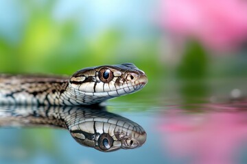 Obraz premium Close-up action of a snake reflecting in water natural habitat wildlife photography serene environment macro view animal behavior