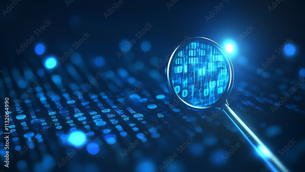Aufkleber Magnifying glass over binary code, digital data analysis concept.