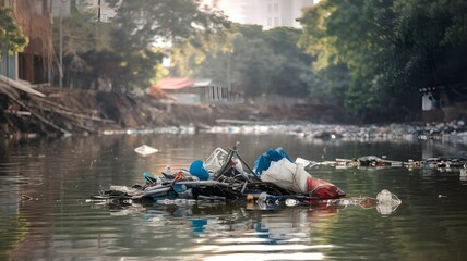 Plastic trash in the river, environment pollution and ecology concept, plastic hazards and waste