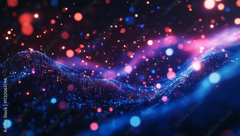 Poster Abstract digital wave with glowing particles.