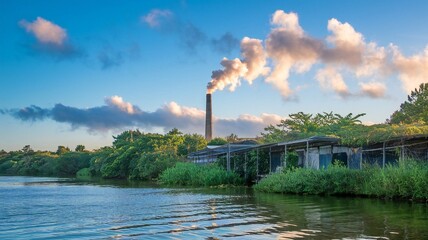 An industrial plant with smokestacks reflects on the surface of a contaminated water body