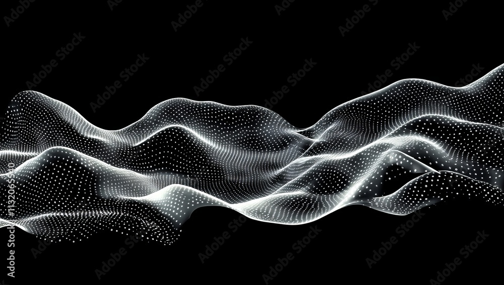 Poster abstract white wave particle flowing on black background.