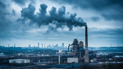 Industrial smokestack releasing thick smoke against a turquoise sky, symbolizing pollution and environmental challenges.
