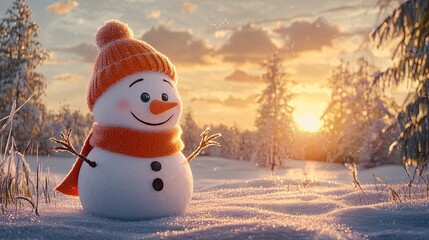 Obraz premium Photo of a smiling snowman wearing a hat and scarf, set against a winter landscape with falling leaves in the background, during the golden hour. This concept could be used for a Christmas card. Ai