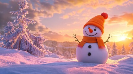 Obraz premium Photo of a smiling snowman wearing a hat and scarf, set against a winter landscape with falling leaves in the background, during the golden hour. This concept could be used for a Christmas card. Ai