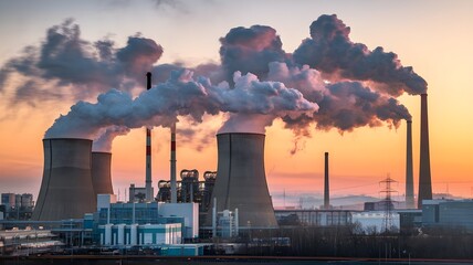 A large industrial factory releases thick smoke from multiple chimneys into the sky, highlighting environmental pollution and air quality concerns.