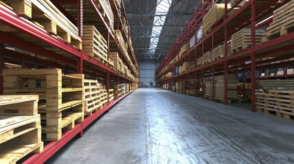 Fototapeta premium Warehouse transformation showcasing streamlined inventory reduction process, highlighting organized shelves with minimal stock.