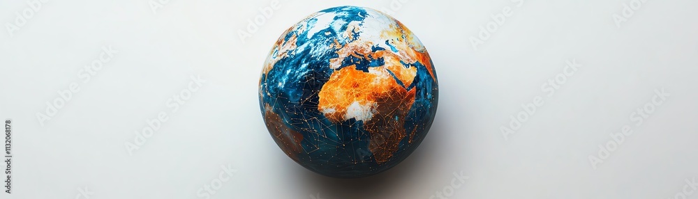 Poster a 3d rendering of a global sphere with digital networks and continents connected, symbolizing techno