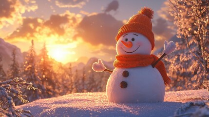 Obraz premium Photo of a smiling snowman wearing a hat and scarf, set against a winter landscape with falling leaves in the background, during the golden hour. This concept could be used for a Christmas card. Ai