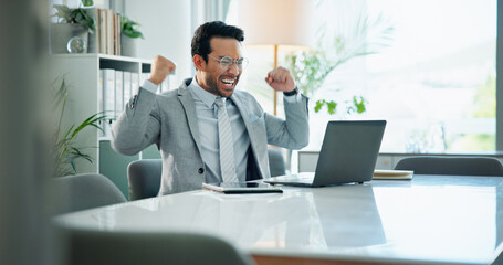 Office, happy man and success with celebration, laptop and business and investment banking firm....