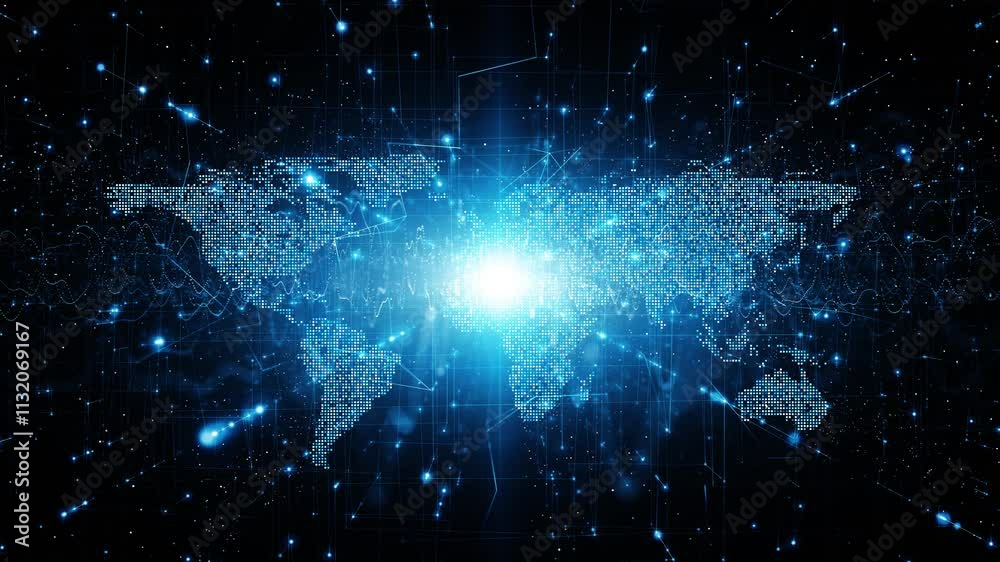 Wall mural glow shiny futuristic cyberspace with digital world map loop background.