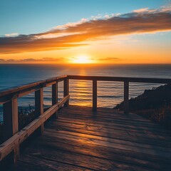 Obraz premium Ocean Sunset View From Wooden Deck Overlook
