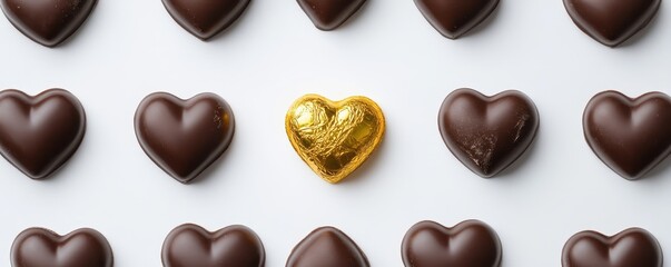 Fototapeta premium Heart shape of chocolate, gold heart shaped box of assorted chocolate candy,Happy Valentine Day,banner background for Love and Valentine day,copy space.