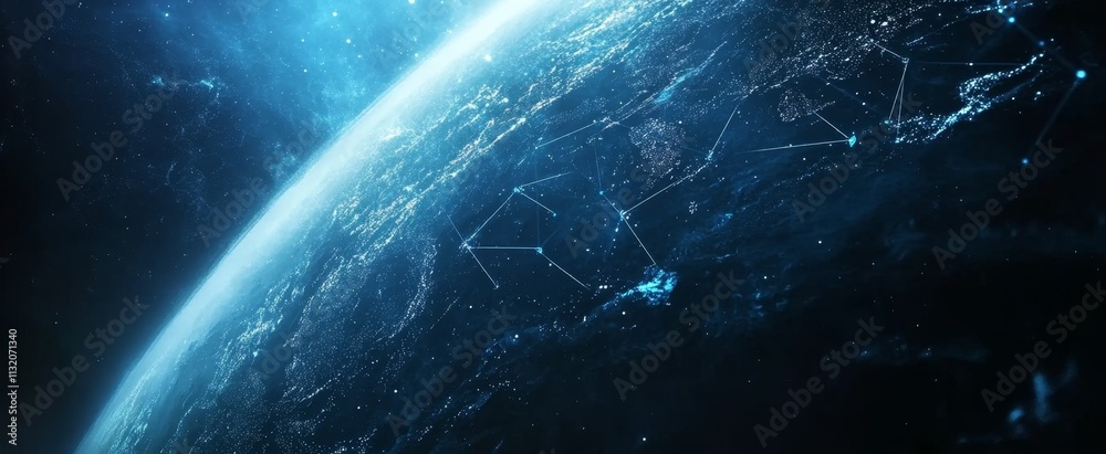 Aufkleber Global network connection visualization, earth from space, glowing lines.