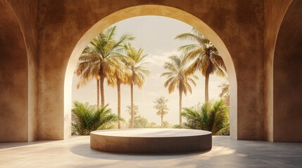 Fototapeta premium A stone platform sits in a vaulted room with a view of a tropical palm tree grove through an arched doorway.