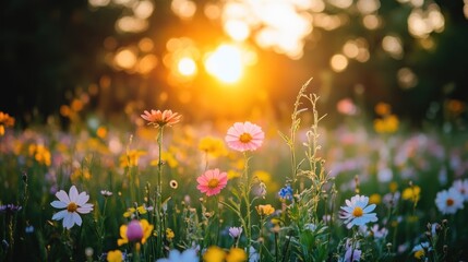 Obraz premium A field of wildflowers basking in the golden light of a setting sun.