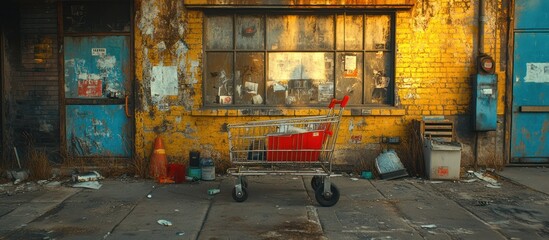 Abandoned shopping cart sits outside a dilapidated building with peeling paint, rusty doors, and a littered ground.