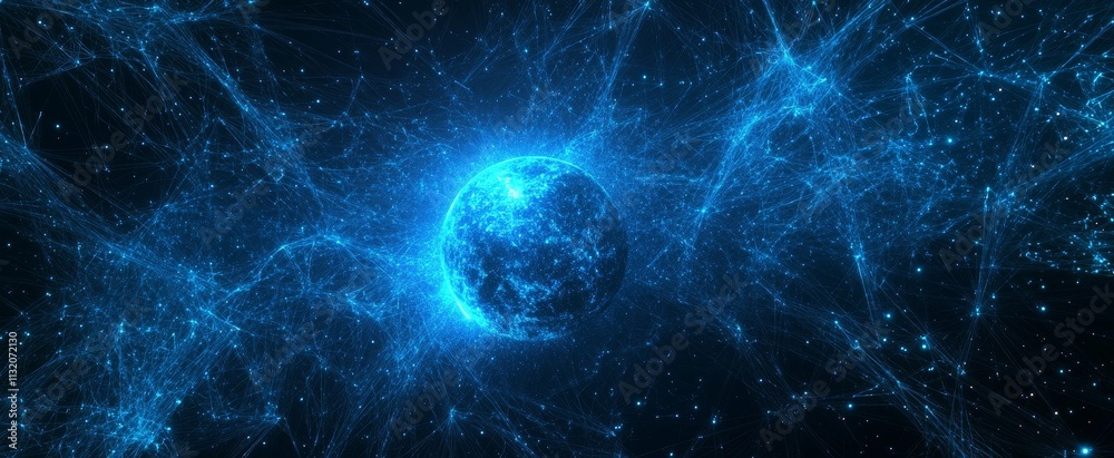 Wall mural glowing blue planet surrounded by energy in space.