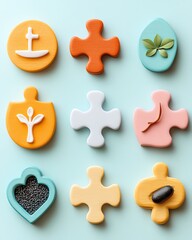 Obraz premium A serene image of puzzle pieces fitting together with work and wellness symbols, set against a soothing pastel background, symbolizing holistic success