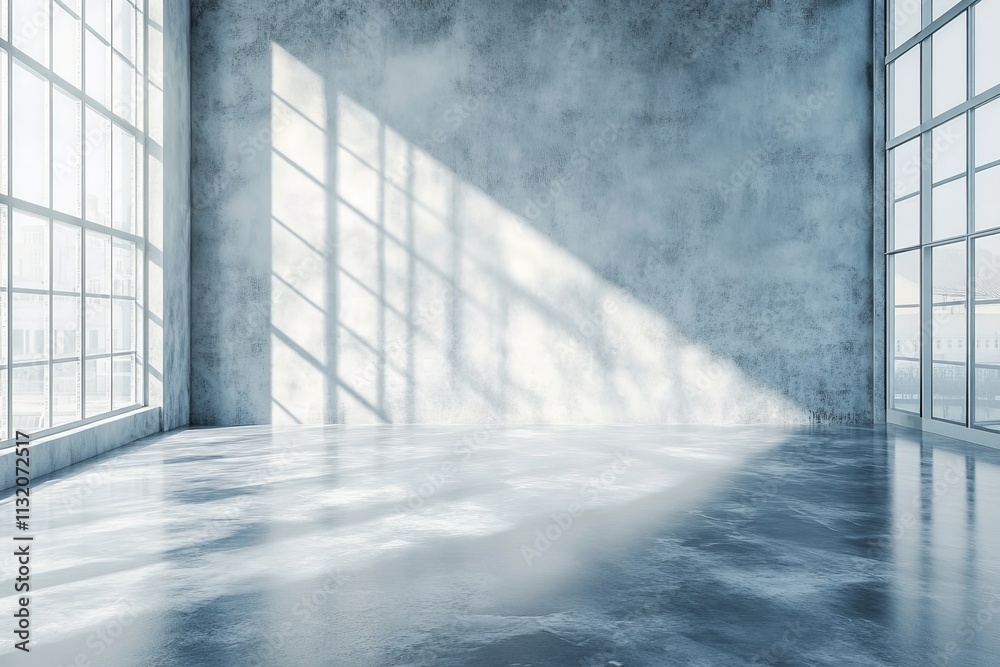 Poster sunlit empty industrial room with large windows and polished concrete floor.