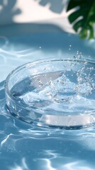 Empty circular glass podium placed on clear blue water with splashes in a mockup scene ideal for highlighting natural purity and a fresh feel of cosmetic product displayed in the copy space image. 
